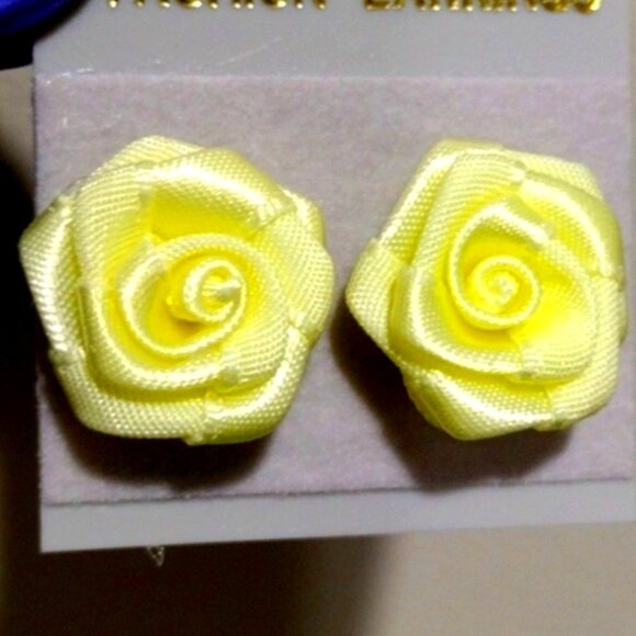 Yellow Fabric Stud Earrings – Satin Flower Design - 0.75" Women's Jewelry - Picture 1 of 6